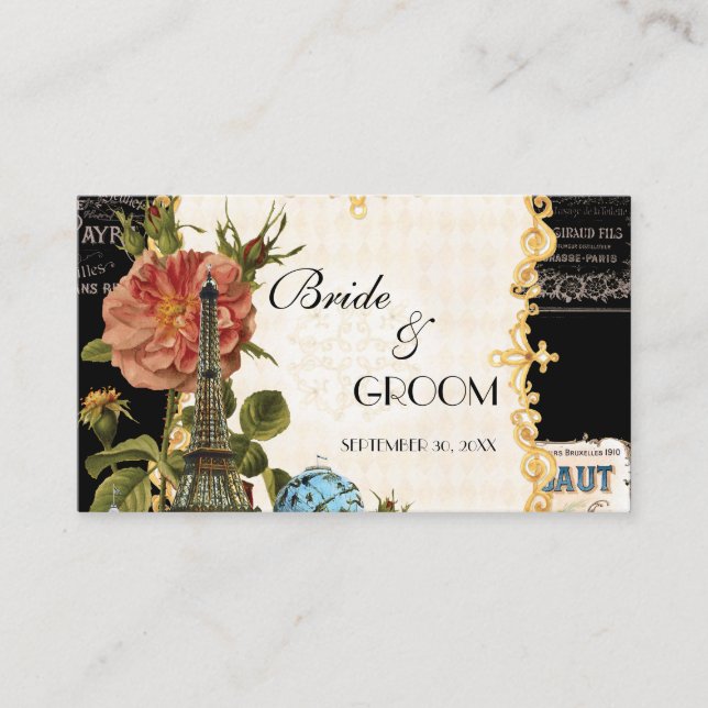 Schwarz-Vintage Eiffelturm-Rose Sitzgelegenheit Pl Platzkarte (Vorderseite)
