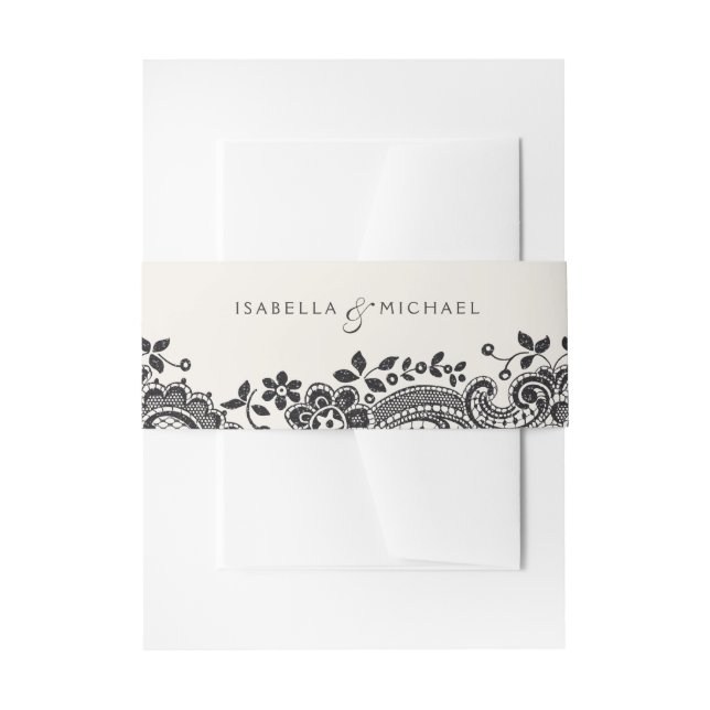 Schwarz-Vintage Spitzen-Hochzeitsmonogramm Einladungsbanderole (Vorderseite Beispiel)