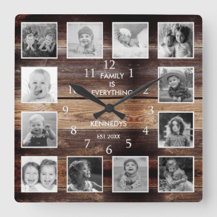 Schwarz-Weiß-12-Foto Collage Familien Quote Holz Quadratische Wanduhr