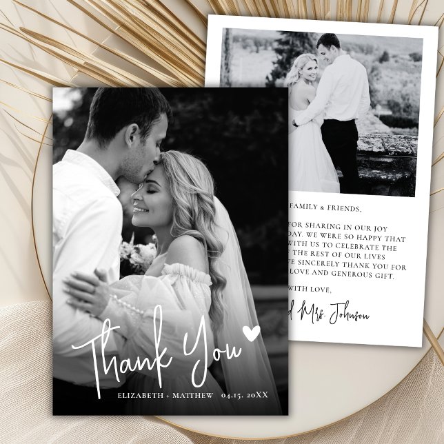 Schwarz-Weiß-2-Foto-Liebesherz-Script-Hochzeit Dankeskarte (Von Creator hochgeladen)