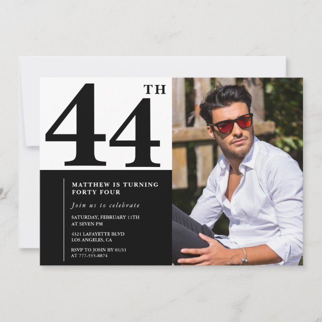 Schwarz-Weiß 44. Geburtstag Einladungen Foto (Vorderseite)