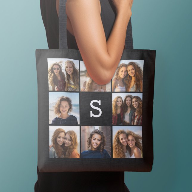 Schwarz-weiß 8 Fotoleiterkollage für benutzerdefin (Personalized tote bag with photos collage and text)