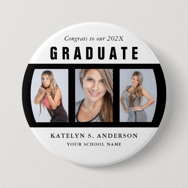 Schwarz-Weiß-Abschluss-FotoCollage nach Maß Button (Vorderseite)