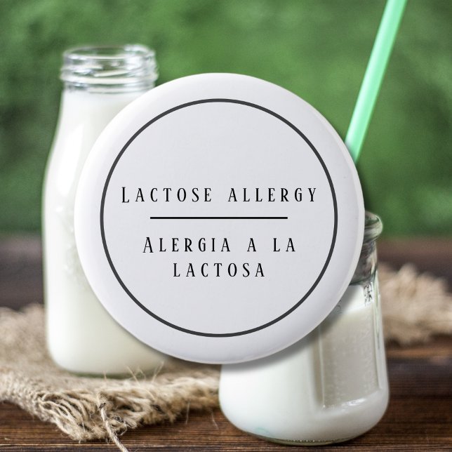 Schwarz-Weiß-Allergie-Warnhinweis auf Laktose Button (Bilingual lactose allergy warning button, editable text for any food allergy. multilingual project)