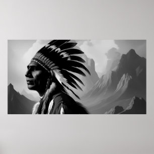 Schwarz-weiß-amerikanischer Indianer Mann Monochro Poster