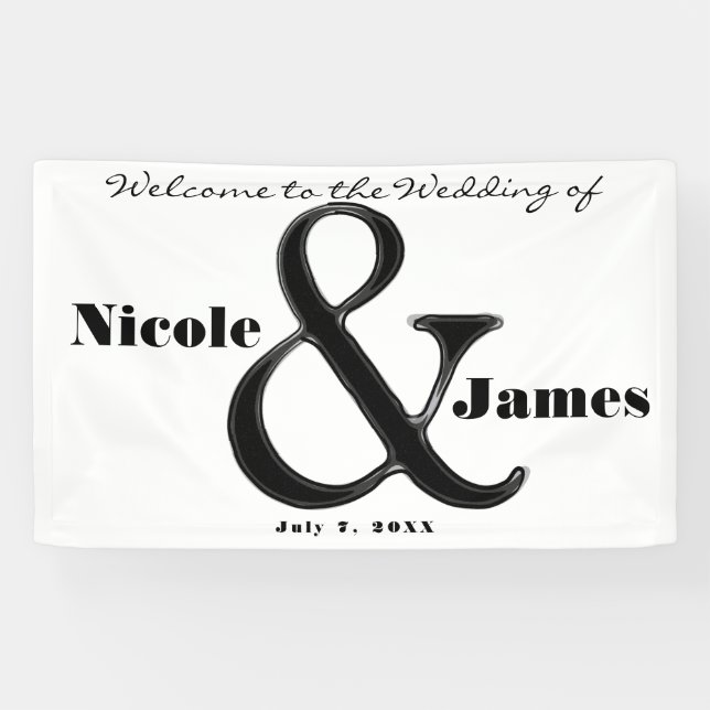Schwarz-Weiß Ampersand Personalisierte Hochzeit Banner (Horizontal)