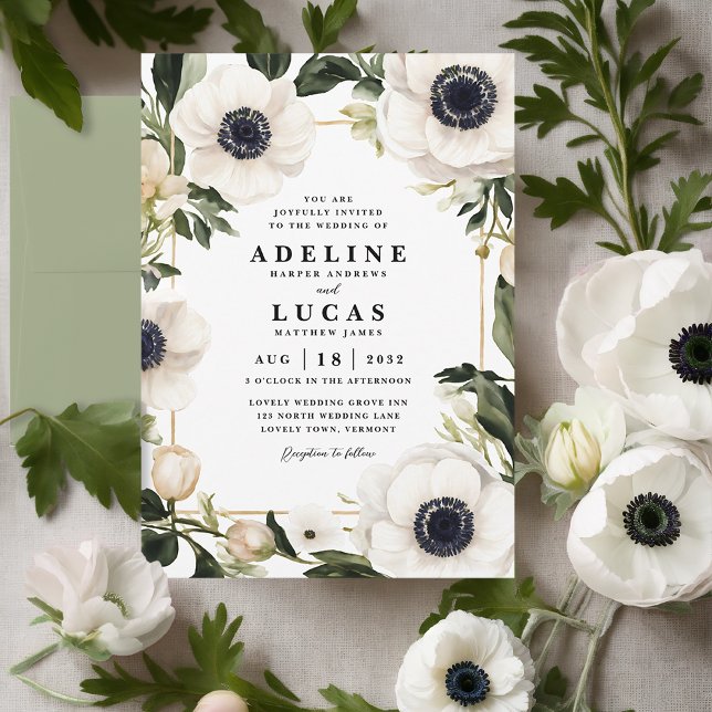 Schwarz-Weiß-Anemone-Blume Hochzeit von Elfenbein Einladung (White anemone flower wedding invitation, elegant botanic black and white ivory floral wedding invite)