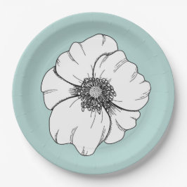 Schwarz-Weiß-Anemonenblume auf Aqua Paper Plate Pappteller