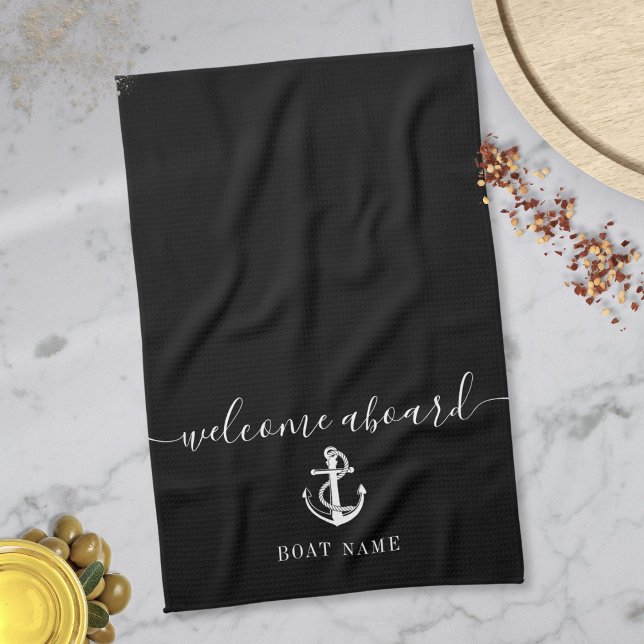 Schwarz-Weiß-Ankerbootname willkommen Geschirrtuch (Black And White Anchor Boat Name Welcome Aboard Kitchen Towel)