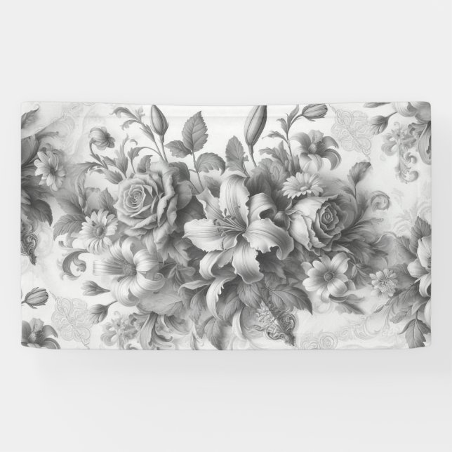 Schwarz-Weiß-Antike Blumen Perfektion Banner (Horizontal)