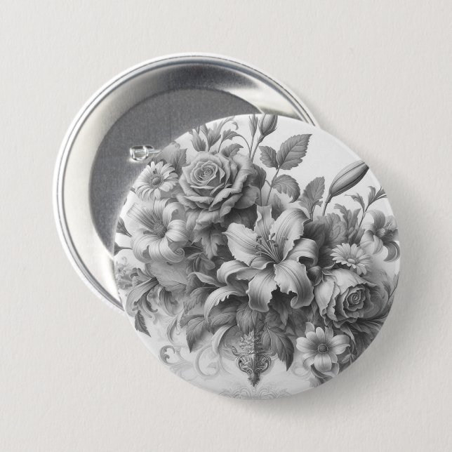 Schwarz-Weiß-Antike Blumen Perfektion Button (Vorne & Hinten)