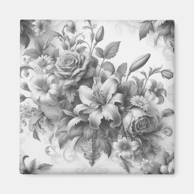 Schwarz-Weiß-Antike Blumen Perfektion Magnet (Vorne)
