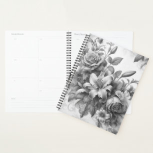 Schwarz-Weiß-Antike Blumen Perfektion Planer