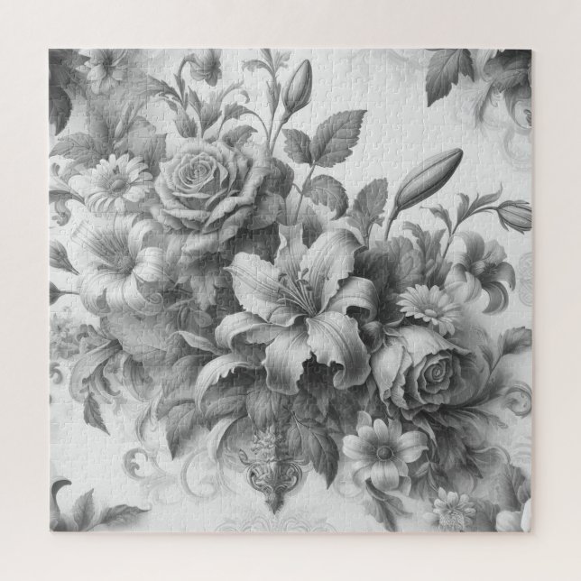 Schwarz-Weiß-Antike Blumen Perfektion Puzzle (Vertikal)