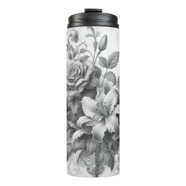 Schwarz-Weiß-Antike Blumen Perfektion Thermosbecher (Vorderseite)