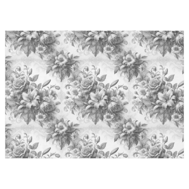 Schwarz-Weiß-Antike Blumen Perfektion Tischdecke (Vorderseite (Horizontal))