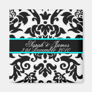 schwarz-weiß-aqua-Damask-Hochzeitsset Magnet
