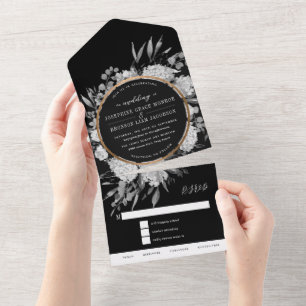 Schwarz-Weiß-Aquarell-Blumenhochzeit All In One Einladung