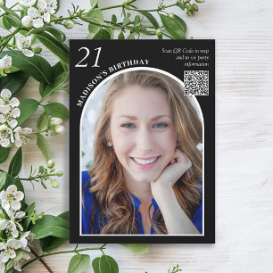 Schwarz-weiß Arch Foto QR Code 21. Geburtstag Einladung