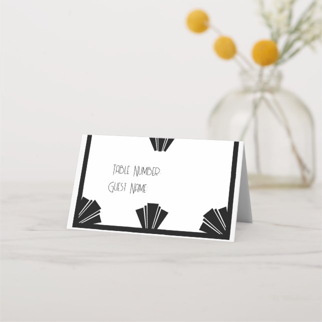 Schwarz-Weiß-Art-Déco-Hochzeit Platzkarte (Vorderseite)