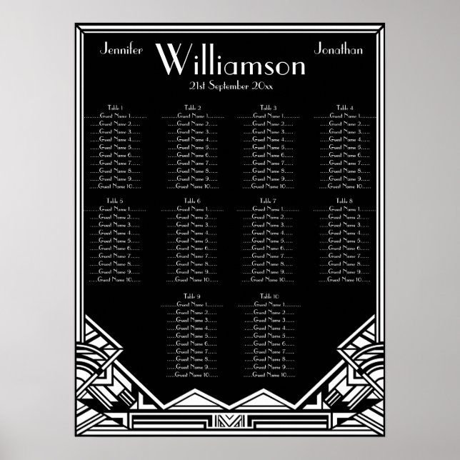 Schwarz-Weiß-Art-Deco-Hochzeitskarte Poster (Vorne)