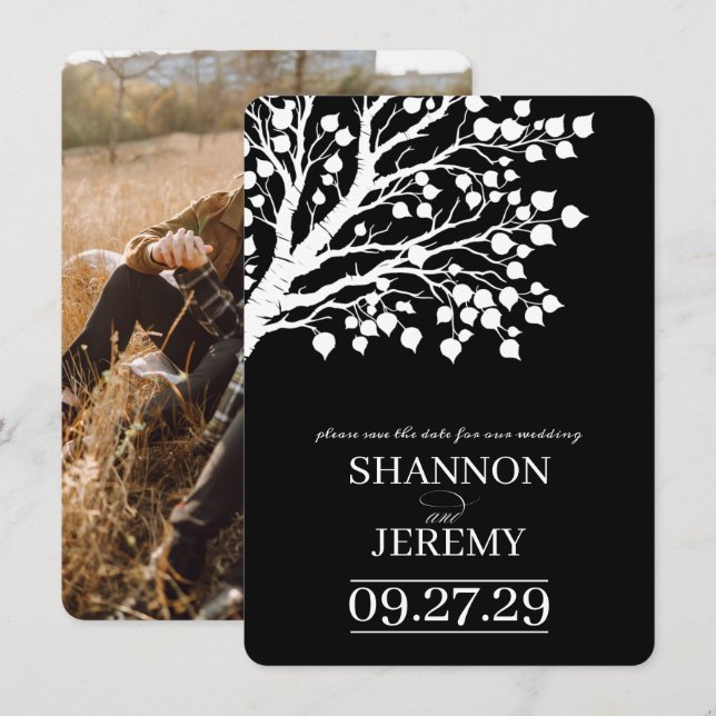 Schwarz-Weiß-Aspen-Baum-Hochzeit Save The Date (Vorne/Hinten)