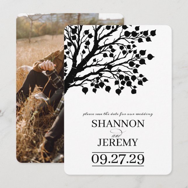 Schwarz-Weiß-Aspen-Baum-Hochzeit Save The Date (Vorne/Hinten)