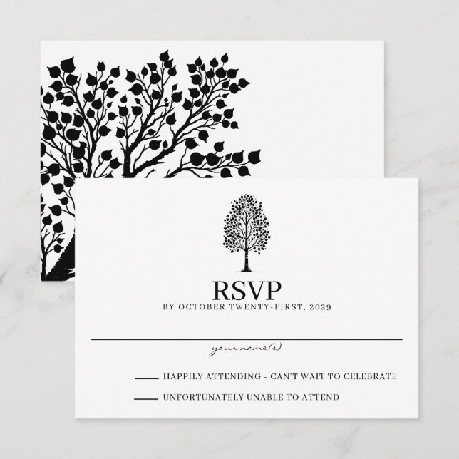 Schwarz-Weiß-Aspen-Hochzeit RSVP Karte (Vorne/Hinten)
