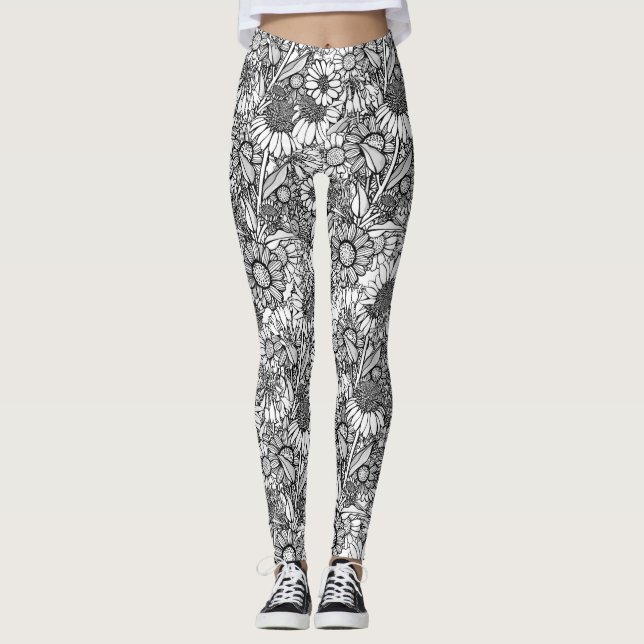 Schwarz-Weiß-Australische Wildblume Garden Leggings (Vorderseite)