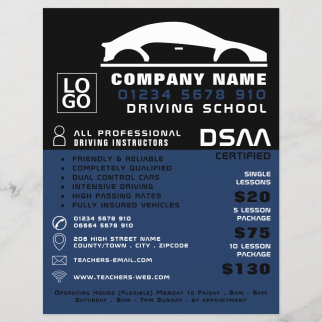 Schwarz-Weiß-Auto-Logo, Fahrschule, Lehrer Flyer (Vorne)