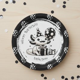 Schwarz-Weiß-Axolotl & Balloons Geburtstag Pappteller