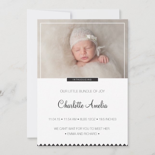 Schwarz-Weiß-Baby-Ankündigung für Jungen oder Mädc Ankündigung (Vorderseite)