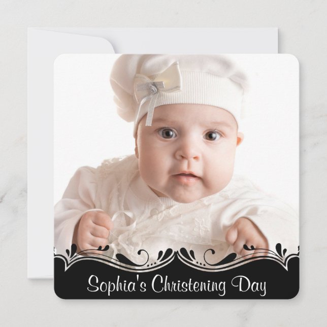Schwarz-weiß Baby Foto Christening Einladung (Vorderseite)