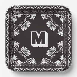 Schwarz-Weiß-Bandana-Design mit Monogramm Pappteller