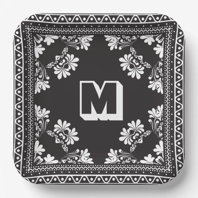 Schwarz-Weiß-Bandana-Design mit Monogramm Pappteller (Vorderseite)