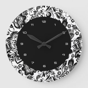 Schwarz-Weiß-Barock-Blumenmuster Große Wanduhr