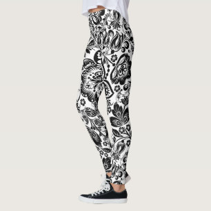 Schwarz-Weiß-Barock-Damasken Leggings