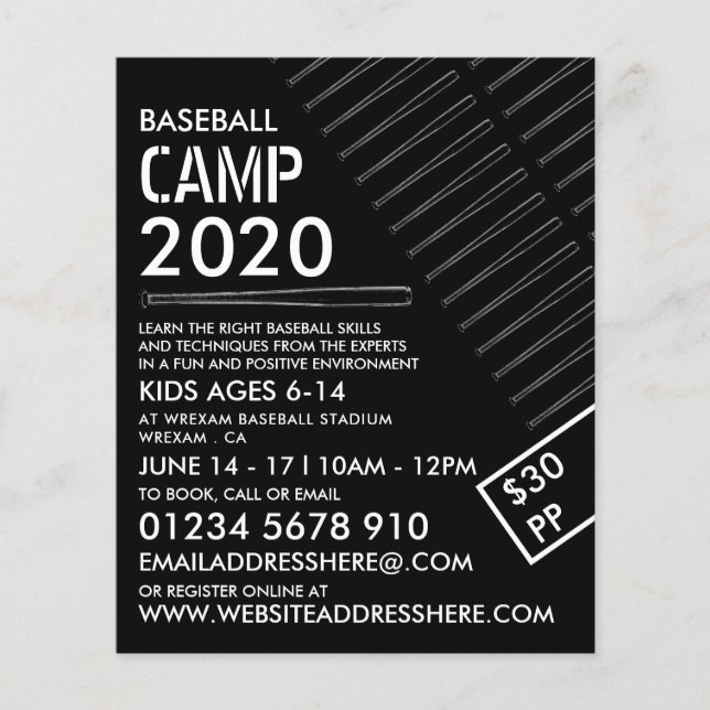 Schwarz-Weiß-Baseball-Bat, Baseball-Camp-Werbung Flyer (Vorne)