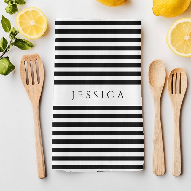 Schwarz-Weiß-Bauernhof Gestreiftes Muster Geschirrtuch (Black & White Farmhouse Striped Pattern Kitchen Towel)