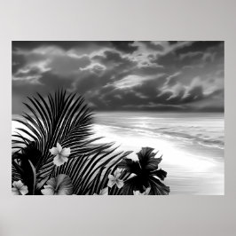 Schwarz-weiß Beach Ocean Palm Hibiskus Blume Poster