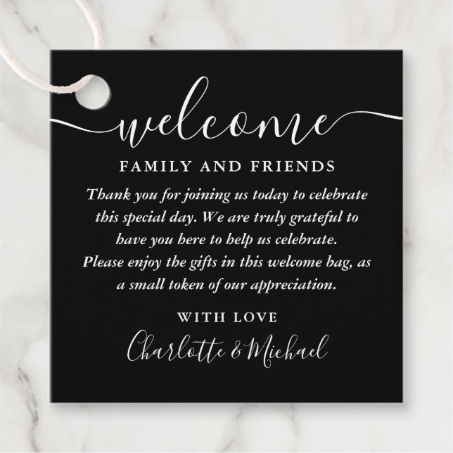 Schwarz-Weiß-Begrüßungsbeutel Geschenkanhänger (Vorderseite)