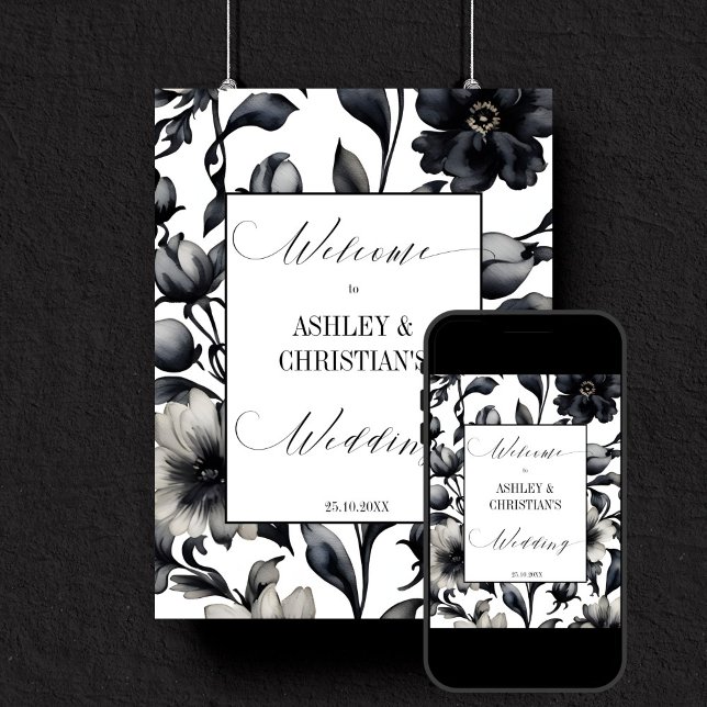 Schwarz-Weiß-Begrüßungsschild Poster (Black and white vintage flowers simple elegant wedding template welcome sign digital download)