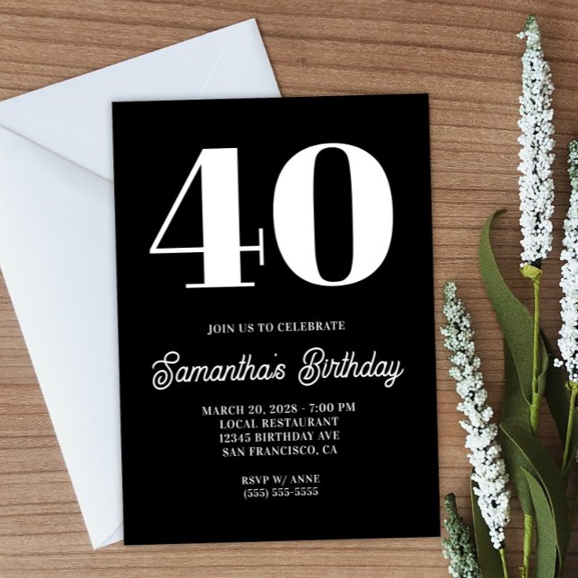 Schwarz-Weiß-Big-Nummer 40. Geburtstag Einladung (Create your own bold number birthday invitation.)