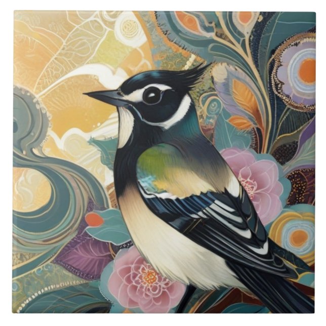 Schwarz-Weiß-Bird Stilvolle Blume Fliese (Vorderseite)