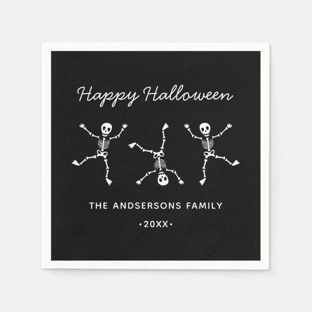 Schwarz-Weiß-Blatt Skeleton-Happy Halloween Serviette (Vorderseite)