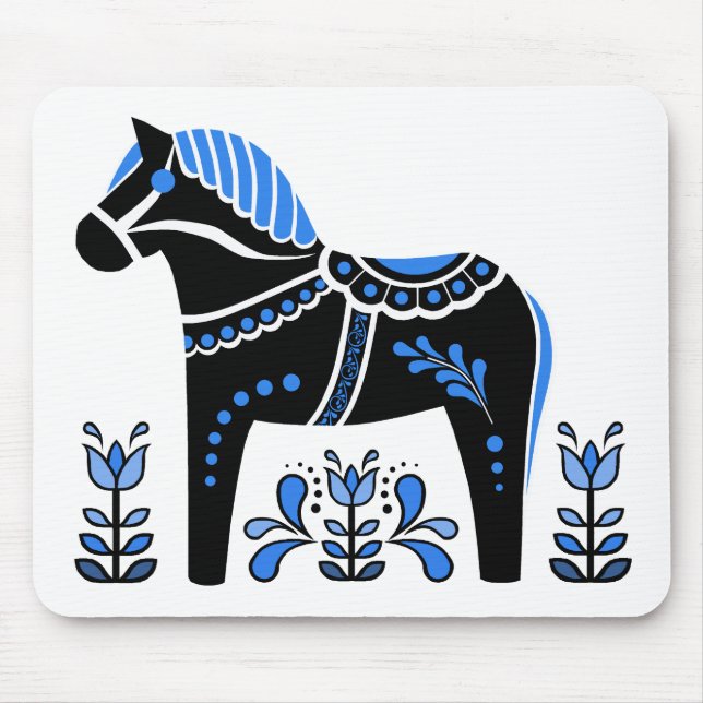 Schwarz/weiß/blau Folk Dala Pferd/Folk Friesian Mousepad (Vorne)