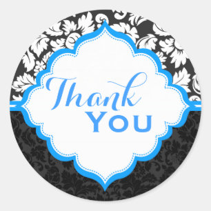 Schwarz Weiß & Blau Vintage Blumen Damast 2 Runder Aufkleber