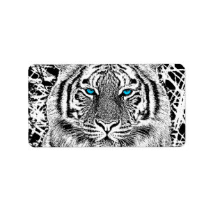 Schwarz-Weiß-blaue Augen Tiger Graphic Adressaufkleber