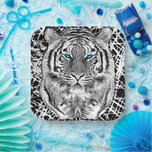 Schwarz-Weiß-blaue Augen Tiger Graphic Pappteller