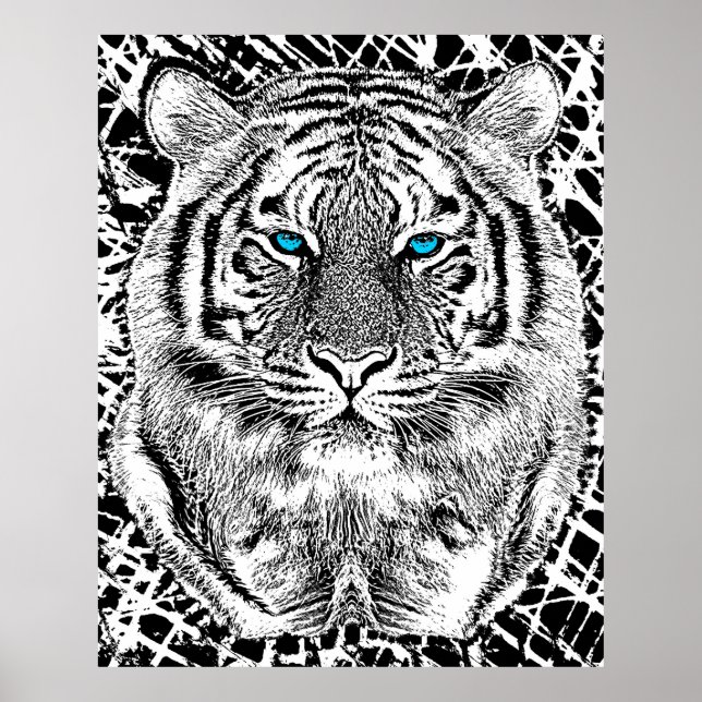 Schwarz-Weiß-blaue Augen Tiger Graphic Poster (Vorne)